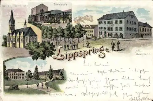 Litho Bad Lippspringe in Westfalen, Neue Pfarrkirche, Trinkhalle, Hotel Brackmann, Kurhaus