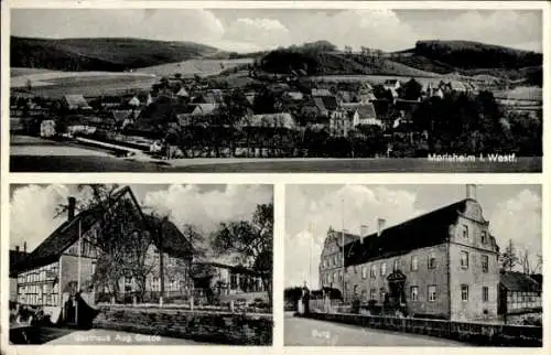 Ak Merlsheim Nieheim in Westfalen, Gesamtansicht, Gasthaus Aug. Gnade, Burg