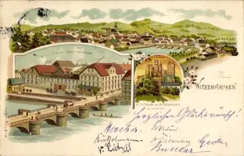 Litho Witzenhausen in Hessen, Stadtpanorama, Burg Hanstein, Hotel König von Preußen