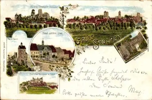 Litho Stolpen in Sachsen, Gesamtansicht, Ruine Stolpen, Hotel Goldner Löwe, Turmruine, Portal