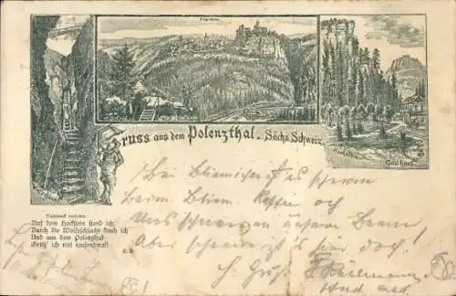 Litho Hohnstein Sächsische Schweiz, Hockstein im Polenztal, Wolfsschlucht, Gasthaus