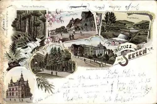 Litho Seesen am Harz, Marktplatz, Kurpark, Jacobsenschule, Tempel, Köthe, Postamt