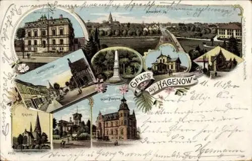 Litho Hagenow in Mecklenburg, Gesamtansicht, Kirche, Postamt, Amtsgericht, Langestraße