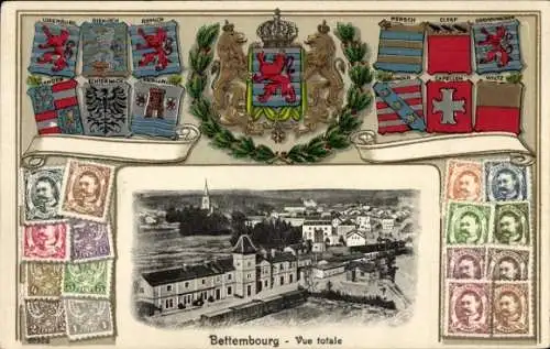 Präge Wappen Briefmarken Ak Bettembourg Luxemburg, Vue Totale