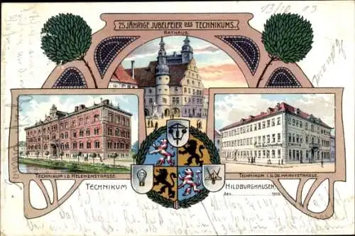 Jugendstil Litho Hildburghausen im Tal der Werra, 25.jährige Jubelfeier d. Technikums, Wappen