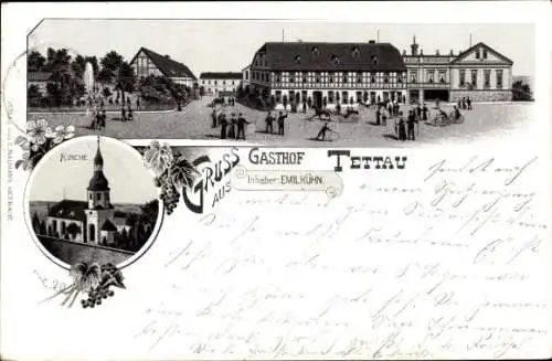 Litho Tettau Schönberg in Sachsen, Gasthof von Emil Kühn, Kirche