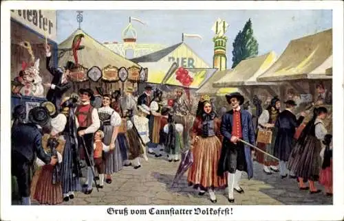 Künstler Ak Stuttgart Cannstadt, Cannstatter Volksfest, Trachten, Buden