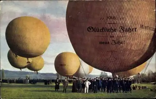 Ak Fesselballons, Zürich, Minckeleers, Ballonfahrer, Glückwunsch Neujahr 1918