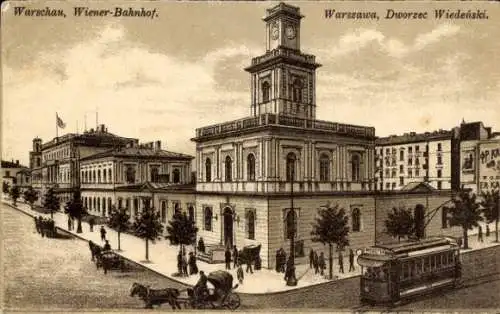 Ak Warszawa Warschau Polen, Wiener Bahnhof, Straßenbahn nach Mokotow