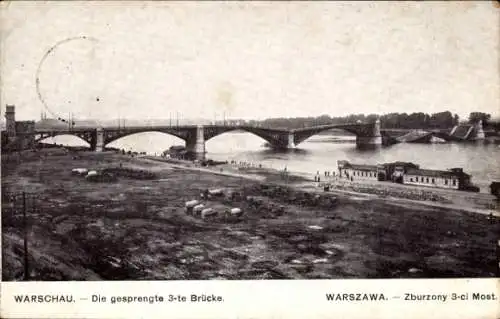 Ak Warszawa Warschau Polen, Gesprengte dritte Brücke