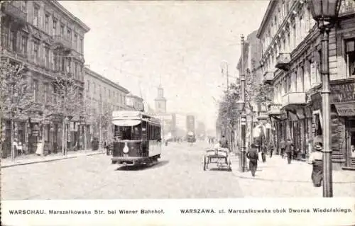 Ak Warszawa Warschau Polen, Marszalkowska-Straße, Wiener Bahnhof, Straßenbahn