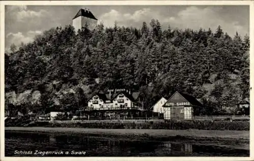 Ak Ziegenrück am Schiefergebirge Thüringen, Schloss, Hotel Eckstein, Bes. Heinrich Beschnidt, Garage