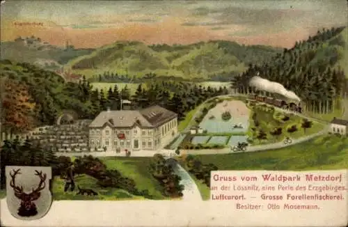 Litho Metzdorf Leubsdorf im Kreis Mittelsachsen, Partie am Waldpark, Augustusburg, Eisenbahn