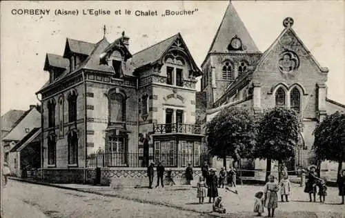 Ak Corbeny Aisne, L'Eglise et le Chalet Boucher