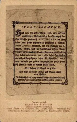 Ak Köln am Rhein, Konzertzettel 1778, erster öffentlicher Auftritt Ludwig van Beethoven