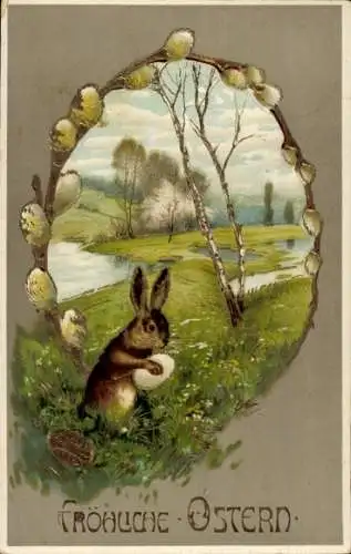 Präge Ak Glückwunsch Ostern, Osterhase, Weidenkätzchen, Ostereier