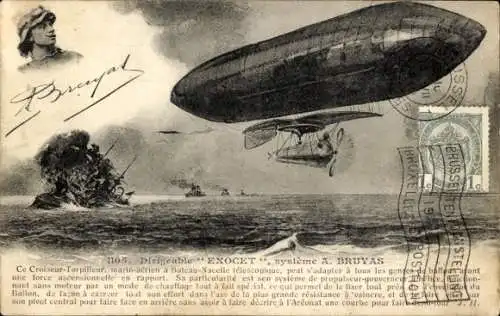 Künstler Ak Marine-Luftschiff Exocet in der Seeschlacht System A. Bruyas