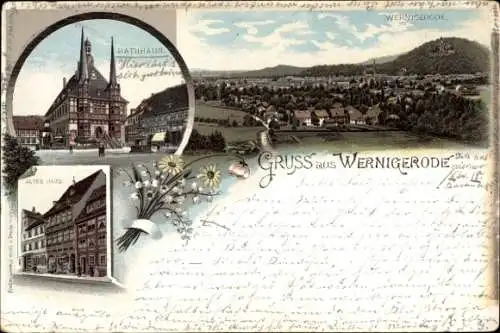 Litho Wernigerode am Harz, Rathaus, altes Haus, Totalansicht