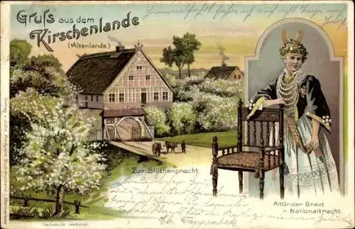 Litho Kirschenland, Blütenpracht, Altländer Braut in Tracht