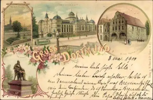 Litho Dortmund im Ruhrgebiet, Vehmlinde, Fredenbaum, Rathaus, Kaiser Wilhelm Denkmal