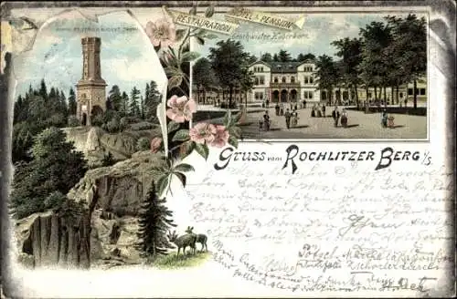 Litho Rochlitz an der Mulde, Rochlitzer Berg, Restaurant, Hotel Geschwister Haberkorn, Turm