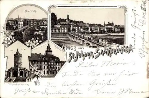 Litho St. Johann Saarbrücken, Neue Brücke, Rathaus, Winterbergdenkmal