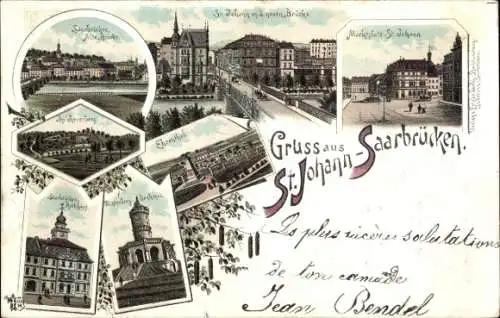 Litho St Johann Saarbrücken im Saarland, Marktplatz, Ehrental, Rathaus, Winterbergdenkmal, Brücke