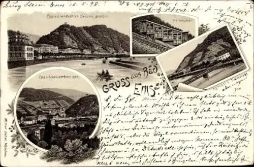 Litho Bad Ems, Malbergbahn, Kursaal, Promenade, Stadtansicht