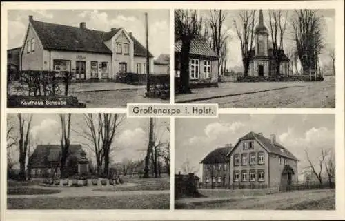 Ak Großenaspe in Holstein, Kaufhaus Scheube, Kirche, Denkmal