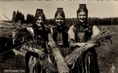 Ak Schwarzwald, Frauen in Schwarzwälder Tracht, Getreide