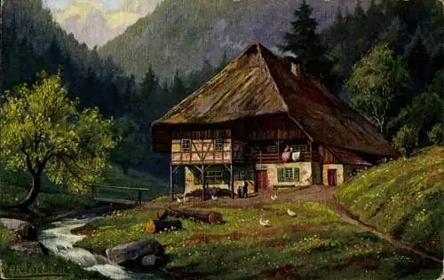 Künstler Ak Rasunwitz, M. v., Dorfidylle, Wohnhaus, Berge, Fluss, Brücke