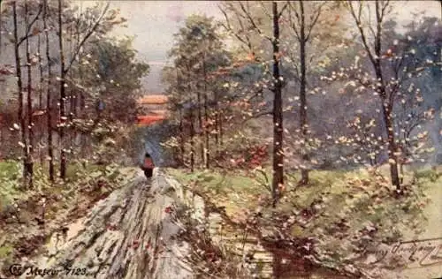 Künstler Litho Herbst, Straße, Wald, Bäume, Spaziergänger