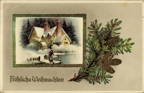 Ak Glückwunsch Weihnachten, Wohnhaus, Tannenzapfen