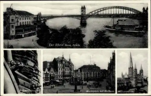 Ak Bonn am Rhein, Rheinbrücke, Marktplatz mit Rathaus, Münsterkirche, Brückenmännchen