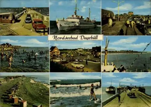 Ak Dagebüll in Nordfriesland, Teilansicht, Strand, Meer, Schiff, Strandhütte