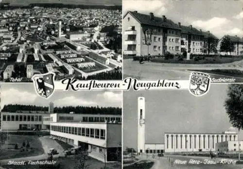 Ak Neugablonz Kaufbeuren im Allgäu, Panorama, Sudetenstraße, Neue Herz-Jesu-Kirche, Fachschule