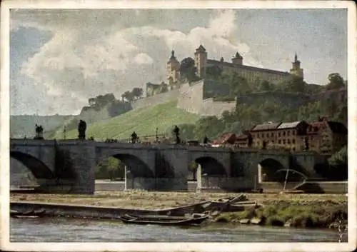 Ak Würzburg am Main Unterfranken, alte Mainbrücke und Festung