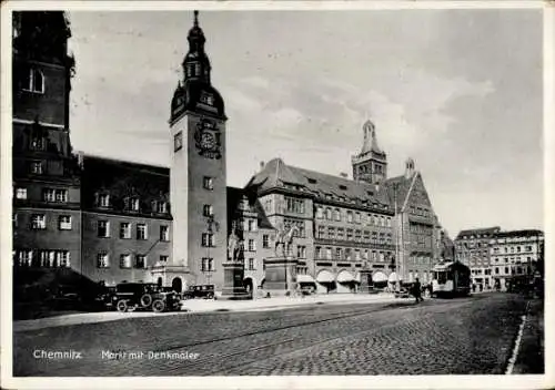 Ak Chemnitz in Sachsen, Markt, Denkmäler