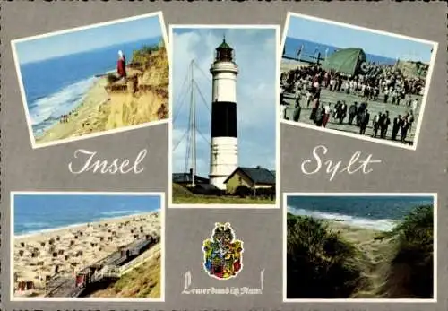 Ak Insel Sylt in Nordfriesland, Strand, Wappen, Leuchtturm