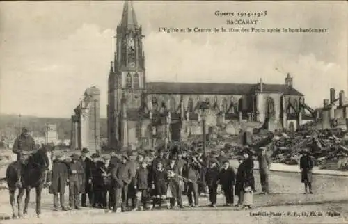 Ak Baccarat Meurthe et Moselle, Rue des Ponts, Kirche, Kriegszerstörung I. WK