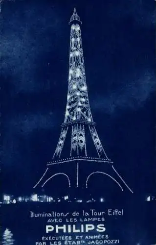 Ak Paris VII., Eiffelturm, Beleuchtung mit Philips-Lampen, Reklame