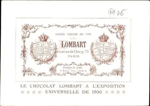 Künstler Litho Paris, Expo 1900, Chocolat Lombart, Boulevard des Italiens, Palais de l'Horticulture