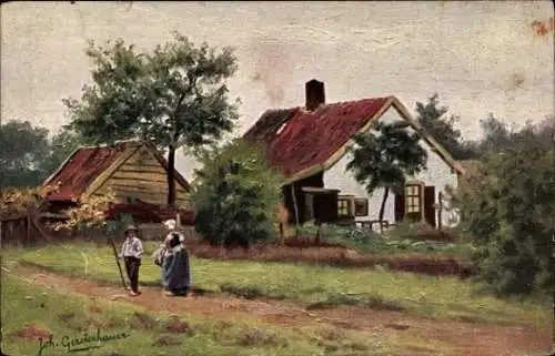 Künstler Ak Gerstenhauer, Johann Georg, niederländisches Dorfmotiv, Bauernhaus, Bauern