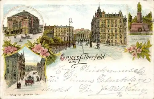 Litho Elberfeld Wuppertal, Europäischer Hof, Bahnhof, Kriegerdenkmal, Theater, Döppersberg