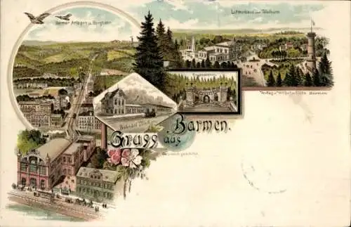 Litho Barmen Wuppertal, Anlagen und Bergbahn, Luftkurhaus, Toelleturm