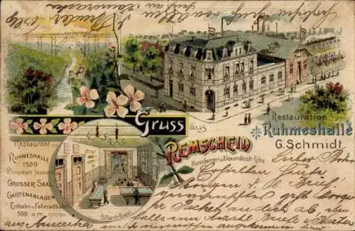 Litho Remscheid im Bergischen Land, Restauration Ruhmeshalle, G. Schmidt, Billardsaal, Riesenbrücke