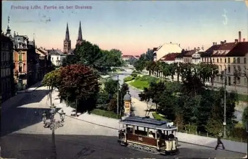 Ak Freiburg im Breisgau Baden Württemberg, Dreisam, Straßenbahn