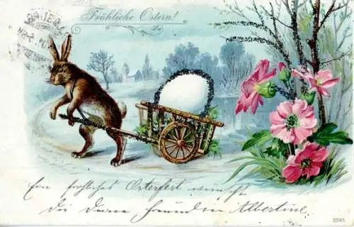 Künstler Ak Fröhliche Ostern, Osterhase, Osterei, Blumen