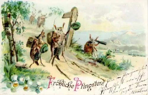 Glitzer Litho Glückwunsch Pfingsten, Wandernde Maikäfer, Maiglöckchen