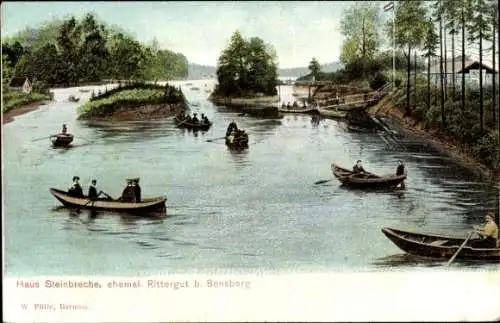 Ak Bensberg Bergisch Gladbach, ehem. Rittergut Haus Steinbreche, Bootfahrer auf Teich